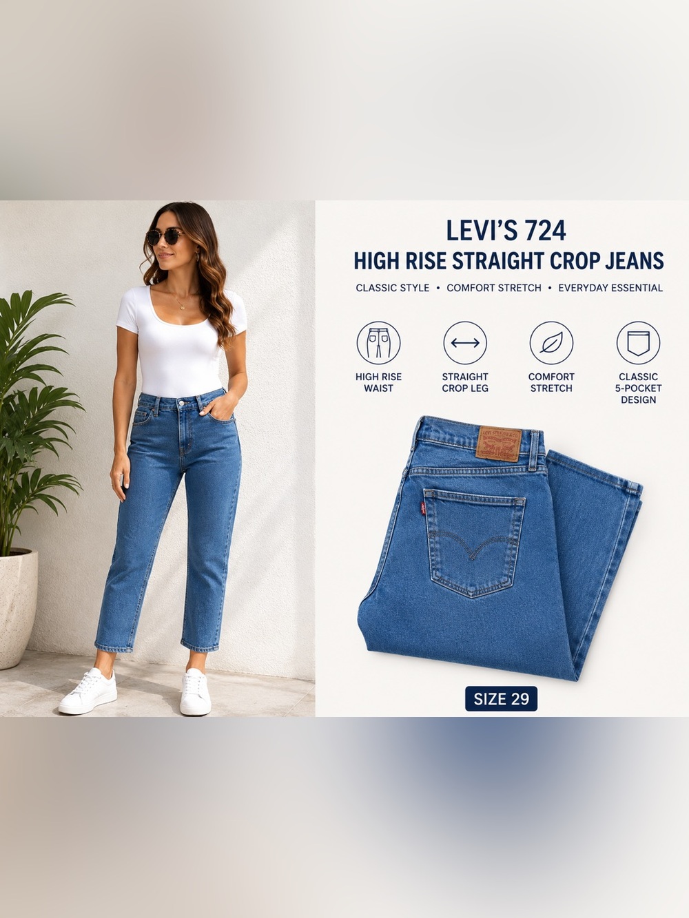 Levi’s 724 High Rise Straight Crop Jeans Women’s Size 29 Blue Wash Stretch Denim